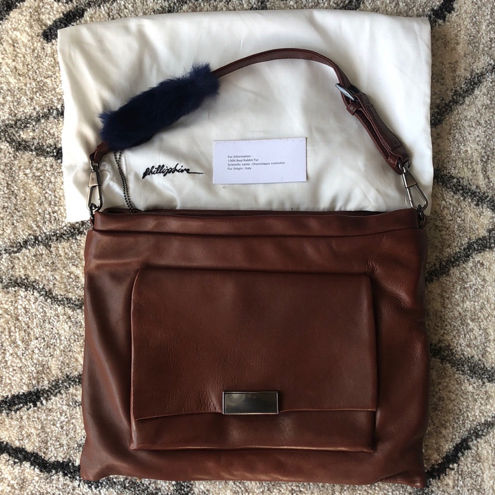 Phillip Lim cognac Lynus Portfolio bag with fur